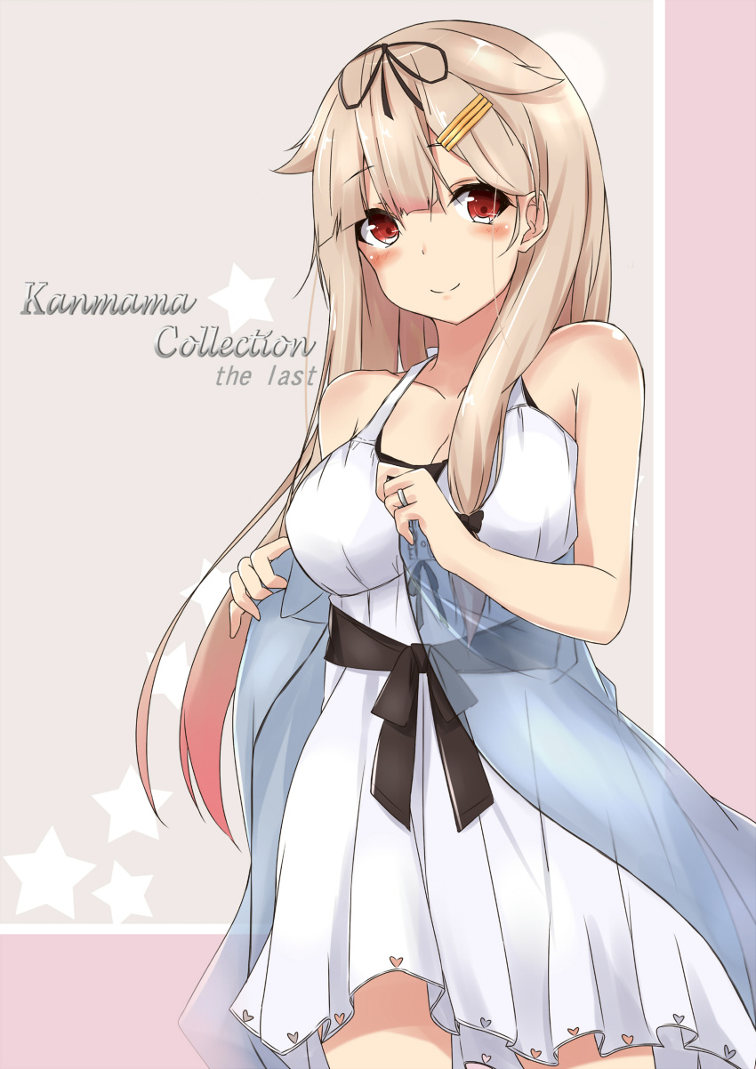 1girl absurdres alternate_costume bare_shoulders blonde_hair blush breasts casual cleavage dress gradient_hair hair_flaps hair_ribbon heart_print highres jewelry kantai_collection light_smile long_hair looking_at_viewer medium_breasts multicolored_hair red_eyes redhead remodel_(kantai_collection) ribbon ring saku_(kudrove) smile solo standing wedding_band white_dress yuudachi_(kantai_collection)