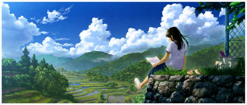 1girl bag bird black_hair chain-link_fence clouds dappled_sunlight duffel_bag facing_away fence from_behind hill landscape long_hair no_socks original outdoors paper reading rice_paddy scenery shirt shoes signature sitting skirt sky sneakers solo sparrow stone_wall sunlight t-shirt technoheart tree wall water white_shoes wind