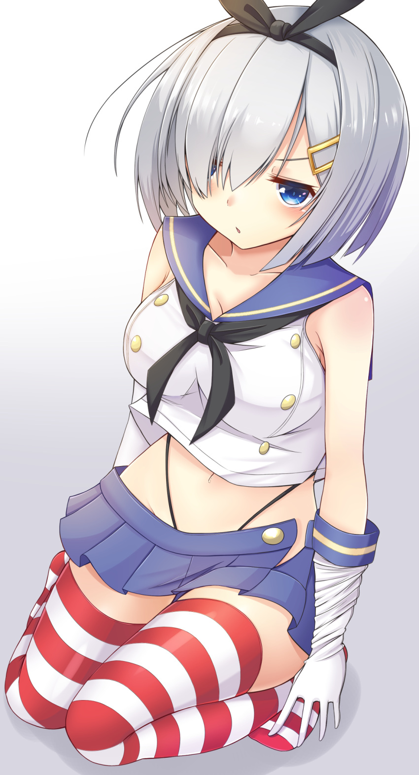 1girl alternate_costume bare_shoulders black_panties blue_eyes blue_skirt blush breasts buttons cosplay crop_top doyachii elbow_gloves eyes_visible_through_hair gloves hair_ornament hair_over_one_eye hairband hairclip hamakaze_(kantai_collection) highleg highleg_panties highres kantai_collection large_breasts looking_at_viewer miniskirt navel panties pleated_skirt school_uniform serafuku shimakaze_(kantai_collection) shimakaze_(kantai_collection)_(cosplay) short_hair silver_hair skirt solo striped striped_legwear thigh-highs underwear white_gloves