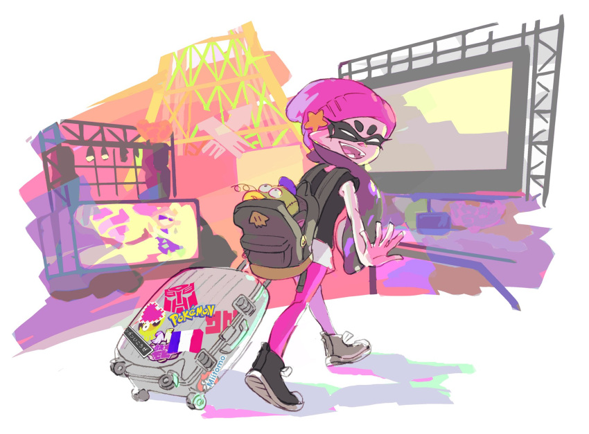 1girl alternate_costume ankle_boots aori_(splatoon) backpack bag beanie black_hair boots denchinamazu domino_mask fangs french_flag hat highres mask monitor official_art pantyhose pointy_ears pokemon shirt shorts smile splatoon sticker stuffed_toy suitcase sunset t-shirt tentacle_hair transformers walking