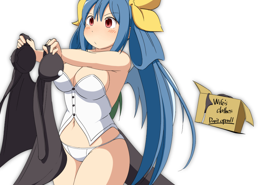 1girl absurdres bare_shoulders blue_hair blush box breasts buttons cardboard_box dizzy guilty_gear guilty_gear_xrd guilty_gear_xrd:_revelator hair_ribbon highres large_breasts mirano navel panties red_eyes ribbon simple_background solo tail underwear white_background white_panties wings