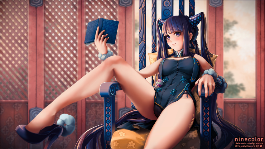 1girl absurdres bangs bare_shoulders bare_thighs black_dress black_panties blunt_bangs book breasts china_dress chinese_clothes double_bun dress fate/grand_order fate_(series) high_heels highres holding holding_book indoors long_hair majestyofcolors medium_breasts panties pantyshot pantyshot_(sitting) purple_footwear purple_hair short_dress sidelocks sitting sleeveless sleeveless_dress solo thighs underwear very_long_hair violet_eyes yang_guifei_(fate/grand_order)