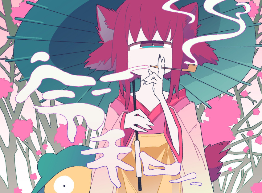 1girl animal_ears aqua_eyes bangs brown_eyes commentary_request constricted_pupils cyclops expressionless fox_ears highres japanese_clothes kimono limited_palette looking_at_viewer multicolored multicolored_eyes one-eyed original parasol pink_hair pipe sidelocks smoke smoking solo_focus standing translation_request umbrella upper_body usakumausa