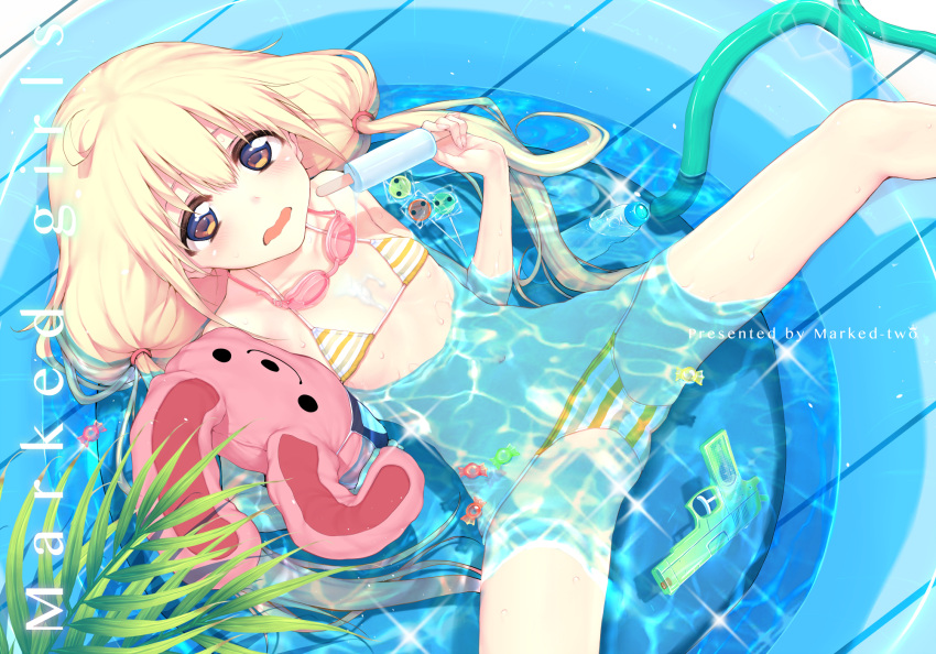 1girl ass beauty_love bikini blonde_hair blush candy cover cover_page doujin_cover flat_chest futaba_anzu goggles goggles_around_neck highres hose idolmaster idolmaster_cinderella_girls lollipop long_hair looking_at_viewer low_twintails navel partially_submerged popsicle solo spread_legs striped striped_bikini stuffed_animal stuffed_bunny stuffed_toy swimsuit twintails water_gun