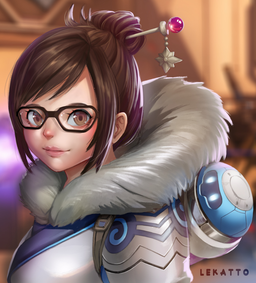1girl absurdres artist_name bangs beads black-framed_eyewear brown_eyes brown_hair canister closed_mouth coat drone eyelashes from_side fur-lined_jacket fur_coat fur_collar fur_trim glasses hair_bun hair_ornament hair_stick highres lekatto lips looking_at_viewer mei_(overwatch) overwatch parka pink_lips robot short_hair sidelocks smile snowball_(overwatch) snowflake_hair_ornament solo swept_bangs upper_body winter_clothes winter_coat