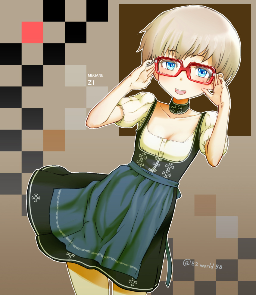 1girl :d adjusting_glasses bespectacled blue_eyes blush breasts character_name choker cleavage cockadooodledoo collarbone cowboy_shot dirndl dress german_clothes glasses highres iron_cross kantai_collection open_mouth outline red-framed_eyewear short_hair short_sleeves silver_hair smile solo traditional_clothes twitter_username z1_leberecht_maass_(kantai_collection)