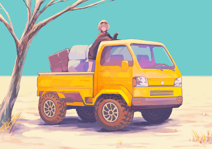 1girl absurdres bangs blue_sky brown_eyes brown_hair brown_shirt commentary_request day grass ground_vehicle highres horizon leaning_forward long_sleeves motor_vehicle nanakawa_(nanasoon) original outdoors oversized_clothes oversized_shirt package sand shirt sky solo sunglasses sunglasses_on_head tree truck