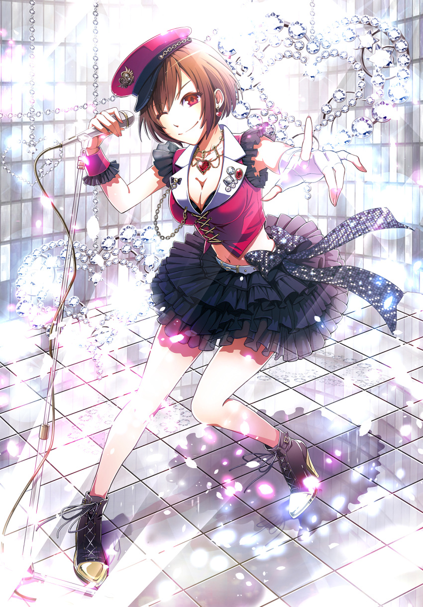 1girl asymmetrical_gloves belt black_skirt breasts brown_hair cleavage collarbone earrings fingerless_gloves fingernails frilled_skirt frills gloves hat highres holding_microphone jewelry komaki_(gigu) looking_at_viewer meiko microphone midriff navel one_eye_closed red_eyes see-through short_hair skirt smile solo vocaloid white_gloves