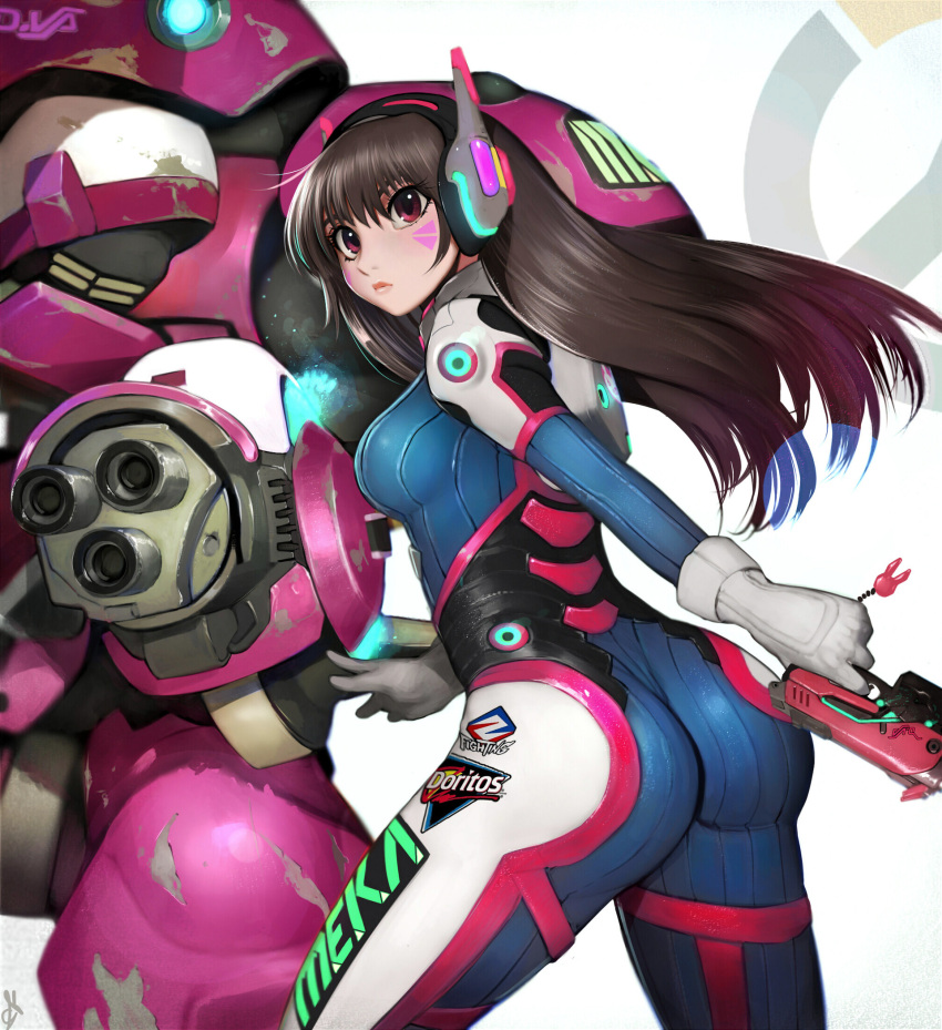 1girl acronym arm_cannon armor ass bangs bodysuit boots bracer breasts brown_eyes brown_hair charm_(object) closed_mouth d.va_(overwatch) doritos emblem eyelashes facepaint facial_mark from_back from_behind gatling_gun gloves gun headphones highres holding holding_gun holding_weapon logo long_hair long_sleeves looking_back mecha medium_breasts meka_(overwatch) overwatch pauldrons pilot_suit randy_(awesomevillage) shoulder_pads skin_tight solo swept_bangs thigh-highs thigh_boots thigh_strap weapon whisker_markings white_boots white_gloves