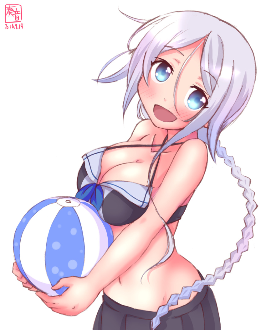 1girl :d adapted_costume artist_name ball bangs bare_shoulders beachball bikini bikini_top blue_eyes blush braid breasts collarbone dated head_tilt highres holding_ball kanon_(kurogane_knights) kantai_collection large_breasts long_hair looking_at_viewer navel open_mouth parted_bangs silver_hair simple_background single_braid skirt smile solo swimsuit umikaze_(kantai_collection) very_long_hair white_background