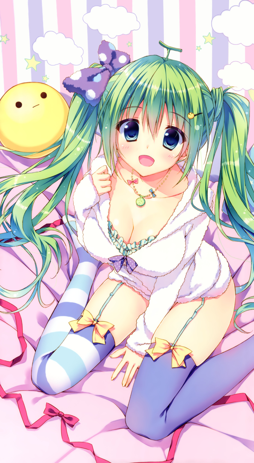 1girl :d :| absurdres asymmetrical_legwear blue_eyes blush breasts cleavage collarbone downblouse full_body garter_straps green_hair highres jacket jewelry legs_apart long_hair long_sleeves looking_at_viewer looking_up melon-chan melonbooks mismatched_legwear necklace open_mouth purple_legwear ryouka_(suzuya) sitting smile smiley_face solo striped striped_legwear tareme thigh-highs twintails vertical-striped_background vertical_stripes wariza