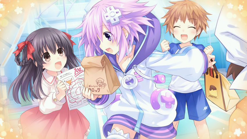 1boy 2girls :d bag blush bow brown_eyes brown_hair child choujigen_game_neptune clenched_hands closed_eyes collar collarbone d-pad game_cg hair_bow hair_ornament hair_rings highres holding holding_bag holding_paper hood hooded_track_jacket jacket long_hair long_sleeves looking_at_another multiple_girls neptune_(choujigen_game_neptune) neptune_(series) number official_art open_mouth paper paper_bag pudding purple_hair raglan_sleeves shin_jigen_game_neptune_vii shirt short_hair shorts sideways_mouth skirt smile test track_jacket tsunako violet_eyes watermark wing_collar