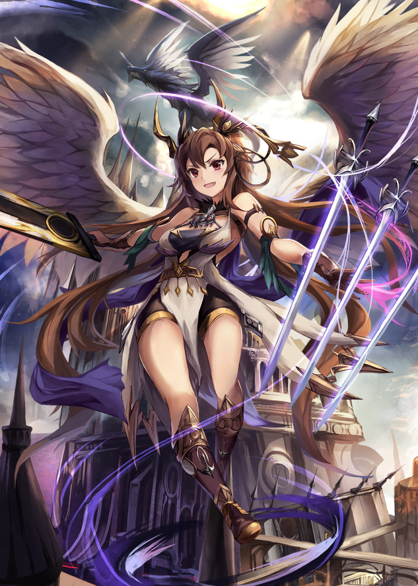 1girl :d angel_wings arm_strap bare_shoulders breasts brown_hair dragon eruthika fantasy floating_swords flying fortress full_body gloves greaves hair_ornament highres long_hair magic medium_breasts open_mouth original outdoors pelvic_curtain red_eyes shorts smile strapless sword thighs tubetop very_long_hair weapon wings