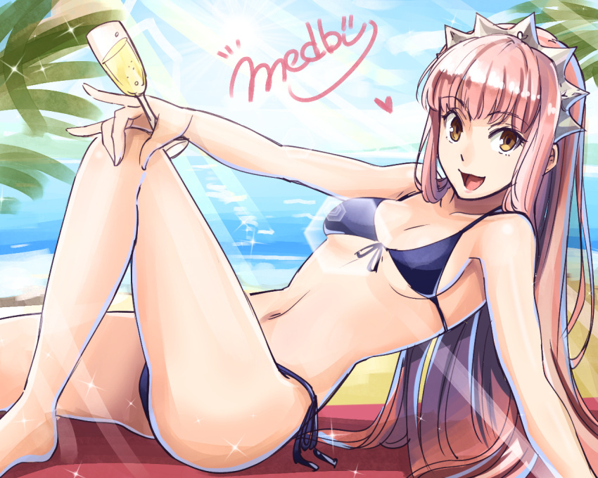 1girl alcohol bangs beach bikini blunt_bangs breasts champagne champagne_flute character_name cup drinking_glass fate/grand_order fate_(series) front-tie_bikini front-tie_top heart holding long_hair looking_at_viewer medb_(fate/grand_order) navel ocean open_mouth pink_hair purple_bikini shimo_(s_kaminaka) side-tie_bikini smile solo stomach swimsuit tiara yellow_eyes