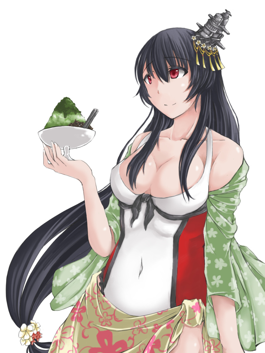 1girl bare_shoulders black_hair bowl breasts casual_one-piece_swimsuit cleavage covered_navel food fusou_(kantai_collection) hair_ornament highres kantai_collection large_breasts long_hair one-piece_swimsuit red_eyes sarong shaved_ice shawl smile solo spoon swimsuit upper_body yumedamauru