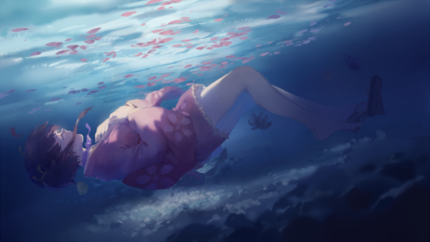 1girl brown_hair bubble closed_eyes dark dutch_angle floating_hair floral_print flower from_side full_body hands_on_own_chest japanese_clothes kimono koutetsujou_no_kabaneri mumei_(kabaneri) petals pink_kimono profile sandals_removed short_hair sinking solo spencer_sais submerged sunlight underwater water wide_sleeves yukata