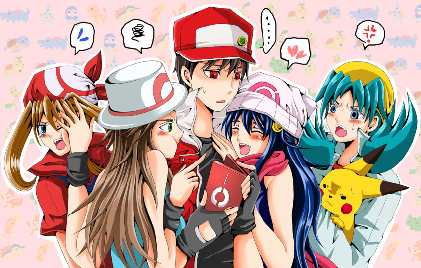 angry bandana baseball_cap beanie black_hair blue_(pokemon) blue_eyes blue_hair blush brown_hair crystal_(pokemon) green_eyes harem haruka_(pokemon) hat heart hikari_(pokemon) leaf_(pokemon) pikachu platinum_berlitz pokedex pokemon pokemon_(creature) pokemon_(game) pokemon_dppt pokemon_frlg pokemon_gsc pokemon_rgby pokemon_rse porkpie_hat red_(pokemon) red_eyes sakura3914 spoken_anger_vein spoken_heart spoken_squiggle spoken_sweatdrop sweatdrop twintails