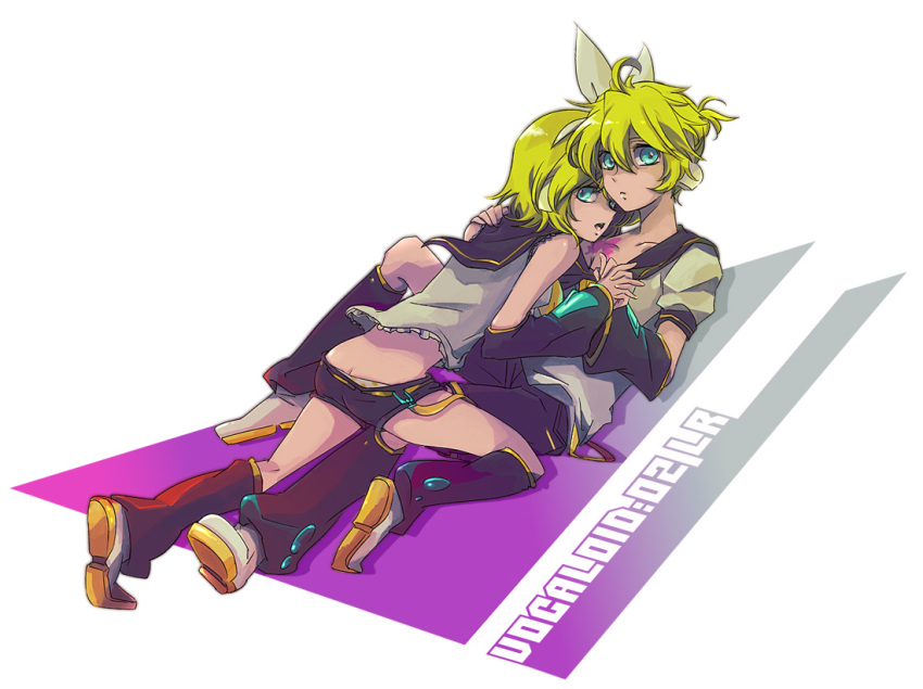 aqua_eyes blonde_hair brother_and_sister butt_crack eitamu_(pixiv45223) girl_on_top hair_ribbon hand_holding headphones holding_hands incest kagamine_len kagamine_rin lying mattie migikata_no_chou_(vocaloid) on_back ribbon shorts siblings twincest twins vocaloid