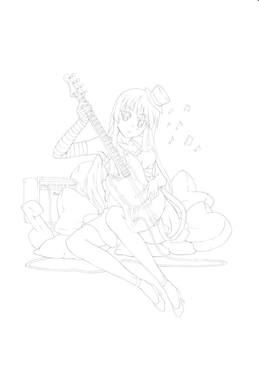 akiyama_mio amplifier bad_id bangs bass_guitar blunt_bangs don't_say_lazy don't_say_"lazy" dress face_paint facepaint fingerless_gloves gloves hat heart highres hikaru_(pixiv) hime_cut instrument k-on! lineart long_hair mini_top_hat monochrome musical_note pillow sitting solo striped top_hat