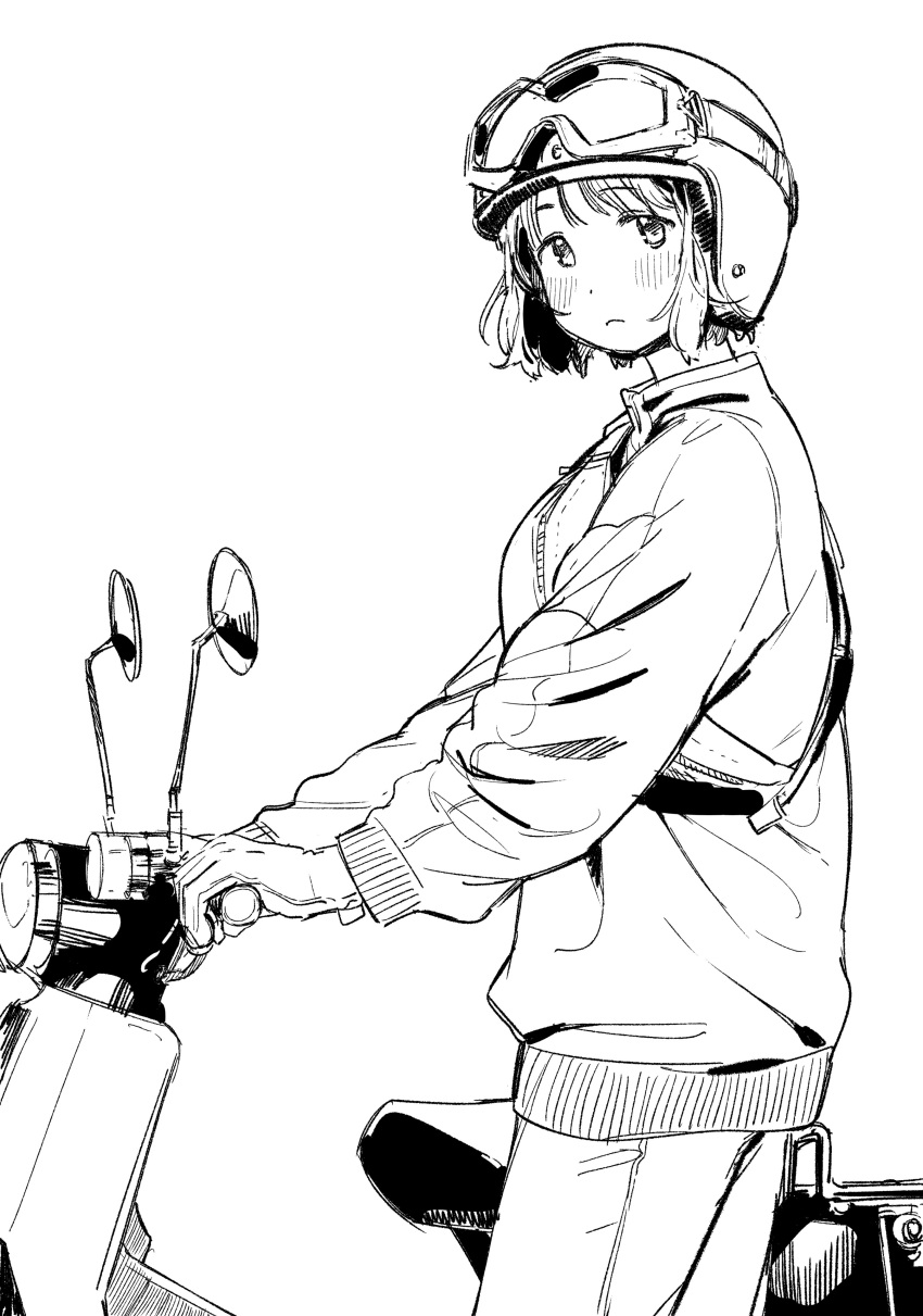 1girl absurdres bangs bicycle blunt_bangs blush commentary fanny_pack fuyuno_kamome gloves goggles goggles_on_headwear ground_vehicle highres honda_super_cub jacket koguma_(super_cub) long_sleeves looking_at_viewer monochrome motor_vehicle motorcycle pants short_hair super_cub sweatsuit track_jacket track_pants track_suit