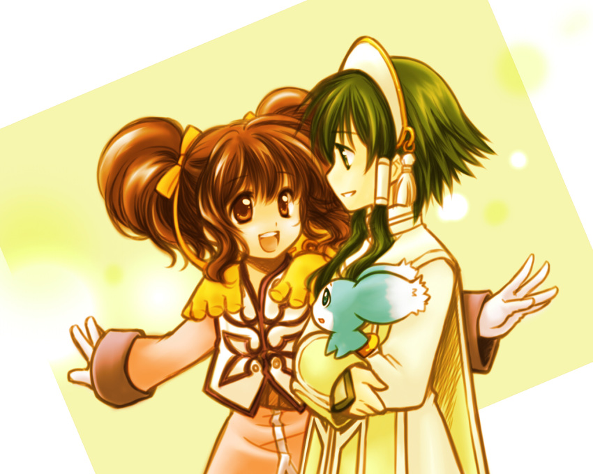1girl aino_yumeri anise_tatlin blue_eyes brown_eyes brown_hair creature gloves green_eyes green_hair hair_tubes ion mieu ribbon smile tales_of_(series) tales_of_the_abyss twintails