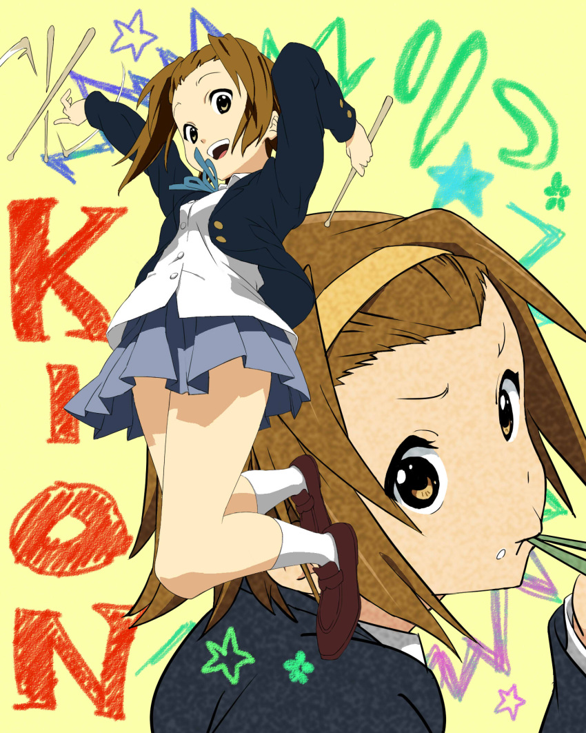 blazer brown_eyes brown_hair chalk crayon crayons drumsticks eating from_above from_below hairband happy headband highres jumping k-on! loafers looking_down looking_up manekko_buta pleated_skirt pout ribbon school_uniform shoes short_hair skirt smile socks solo star tainaka_ritsu tomboy twirling white_legwear white_socks