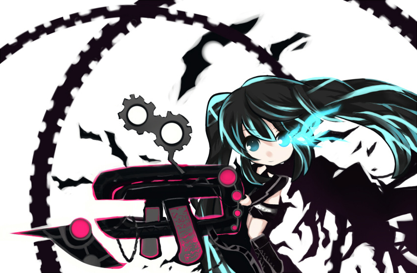 bad_id belt bikini_top black_hair black_rock_shooter black_rock_shooter_(character) blue_eyes boots chibi flat_chest front-tie_top gears glowing glowing_eyes jacket knee_boots komaki long_hair midriff pale_skin short_shorts shorts smile solo twintails uneven_twintails very_long_hair weapon
