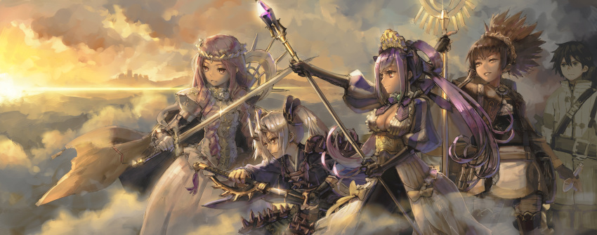 1boy 4girls armor aro_(charged_time_out) breasts brown_eyes brown_hair character_request cleavage clouds copyright_request dress gloves hair_ornament highres long_hair multiple_girls pink_hair purple_hair red_eyes silver_hair smile sunset sword wand weapon