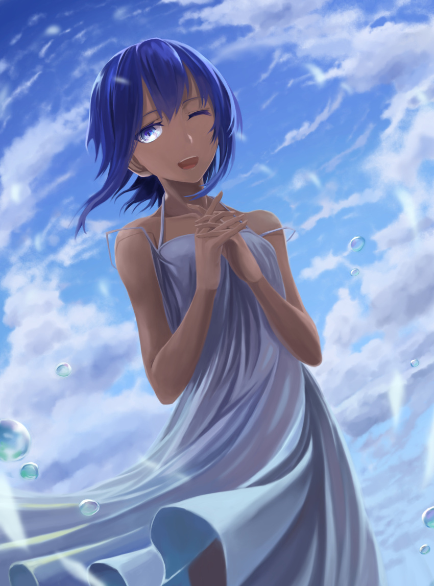 1girl absurdres assassin_(fate/prototype_fragments) blue_eyes blue_hair dark_skin dress fate/grand_order fate/prototype fate/prototype:_fragments_of_blue_and_silver fate_(series) highres mukade_(siieregannsu) one_eye_closed smile solo strap_slip sundress teeth