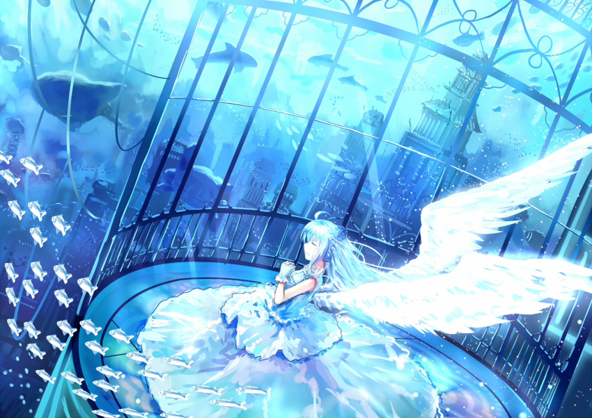 1girl ahoge angel_wings animal aqua_hair blue blue_dress blurry building city closed_eyes depth_of_field dress dutch_angle fish from_above full_body gloves hands_together light_rays long_hair original parted_lips railing scenery shinkai_shoujo_(vocaloid) solo standing sunlight tangjinhang underwater underwater_city white_dress white_gloves white_wings wings