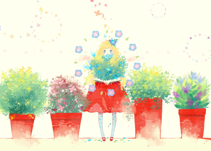 1girl arms_around_waist blonde_hair blue_eyes female floral_background flower flower_pot full_body highres holding leaf long_hair mig_(36th_underground) original plant potted_plant red_skirt skirt solo standing wings