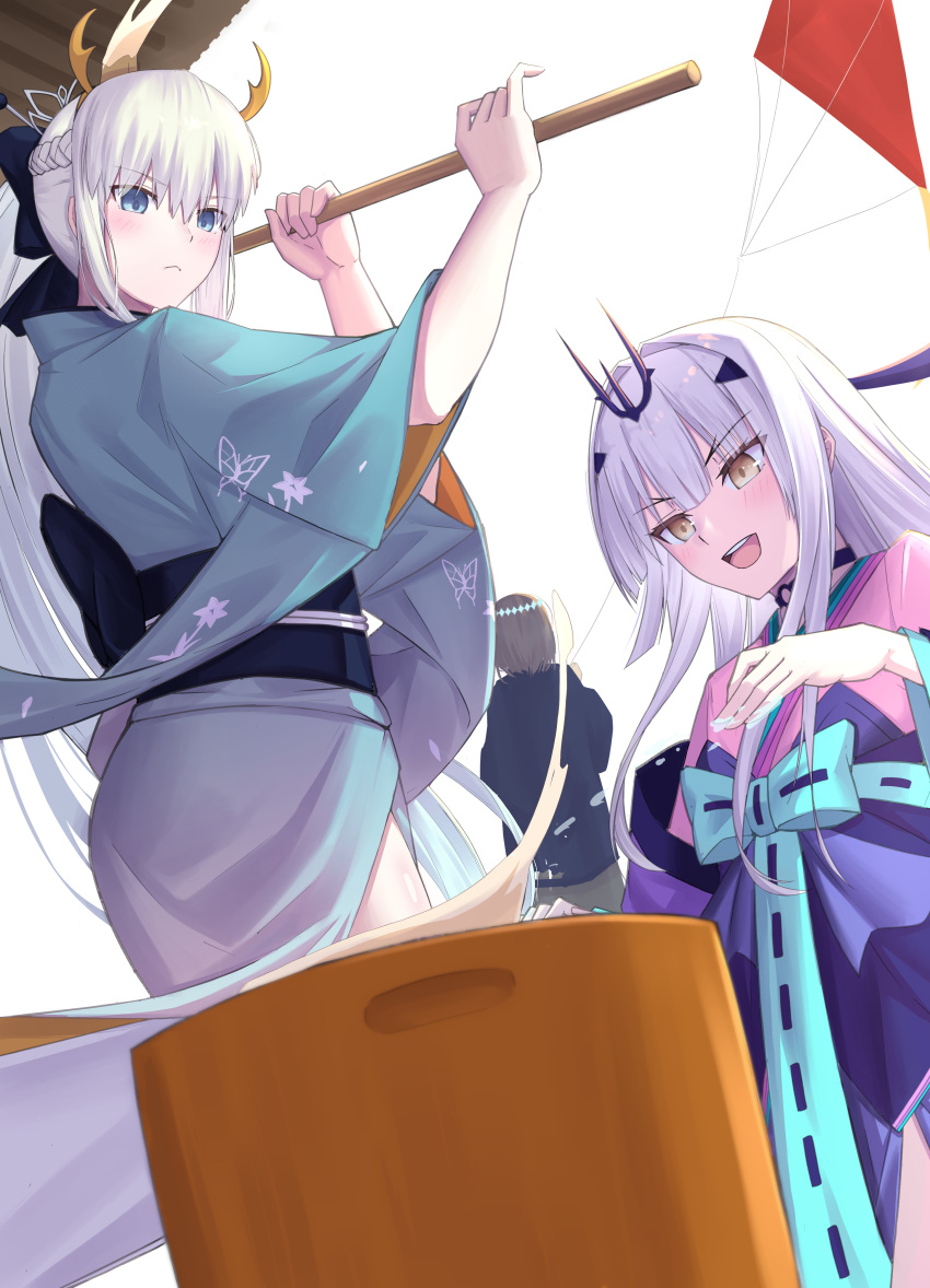 1boy 2girls absurdres black_bow blue_eyes blue_kimono blush bow braid breasts fairy_knight_lancelot_(dream_portrait)_(fate) fate/grand_order fate_(series) food forked_eyebrows french_braid grey_hair hair_bow highres japanese_clothes kimono kine long_hair long_sleeves mallet melusine_(fate) mochi morgan_le_fay_(fate) multiple_girls natu_zame oberon_(fate) obi open_mouth ponytail sash short_hair sidelocks small_breasts smile very_long_hair white_hair wide_sleeves yellow_eyes