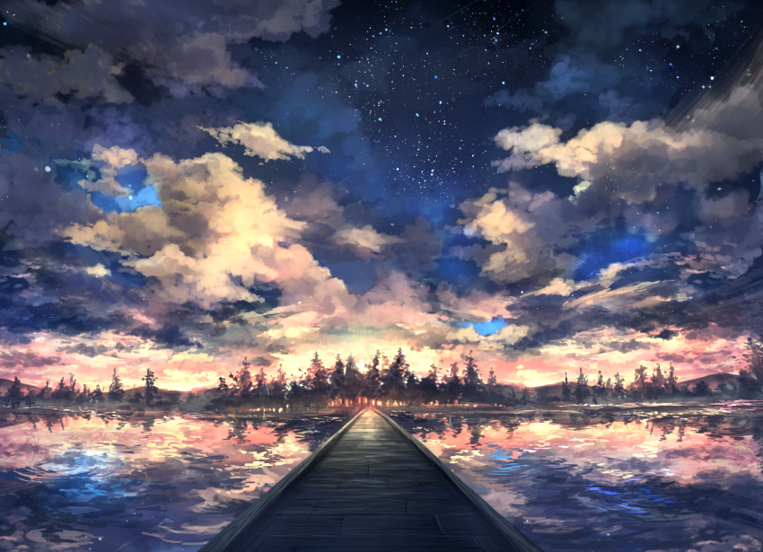 bridge clouds commentary_request lake no_humans original outdoors pippi_(pixiv_1922055) reflection ripples scenery sky star_(sky) starry_sky sunrise tree water