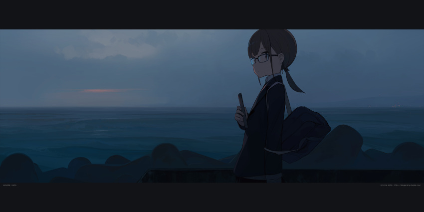 1girl :o artist_name astg backlighting bag blazer brown_eyes brown_hair cellphone city_lights clouds commentary dark fog glasses highres hill holding horizon jacket letterboxed long_hair looking_at_viewer looking_to_the_side ocean original phone ponytail rock scenery school_bag school_uniform sky smartphone solo sunset water