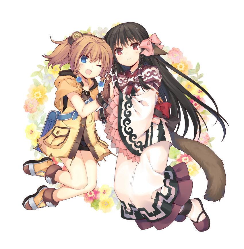 2girls ;d absurdres animal_ears bag bare_legs black_hair black_shirt blue_eyes blush bow braid brown_gloves brown_hair buttons charis cloak closed_mouth commentary_request eyelashes fake_animal_ears floral_background frills full_body gem gloves hair_ornament hair_tubes hand_holding highres hood hooded_cloak interlocked_fingers jacket japanese_clothes jiang-ge legs_up long_hair long_skirt long_sleeves looking_at_viewer messenger_bag multiple_girls one_eye_closed open_mouth pink_bow pink_ribbon pocket ponytail red_eyes ribbon rurutie_(utawareru_mono) sandals shirt shoes shoulder_bag skirt sleeveless smile tail tears_to_tiara tears_to_tiara_ii traditional_clothes twin_braids utawareru_mono utawareru_mono:_itsuwari_no_kamen wide_sleeves yellow_jacket yellow_shoes