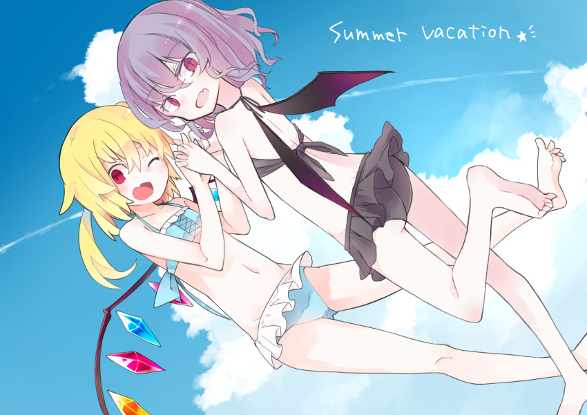 2girls aki_maki_yuu back bat_wings bikini black_bikini blonde_hair blue_bikini blue_sky blush clouds collaboration crystal dutch_angle english fang flandre_scarlet full_body hand_holding highres lavender_hair looking_at_viewer midriff multiple_girls nagi_(nagito) navel one_eye_closed open_mouth red_eyes remilia_scarlet short_hair siblings side_ponytail sisters sky slit_pupils smile swimsuit text touhou wings