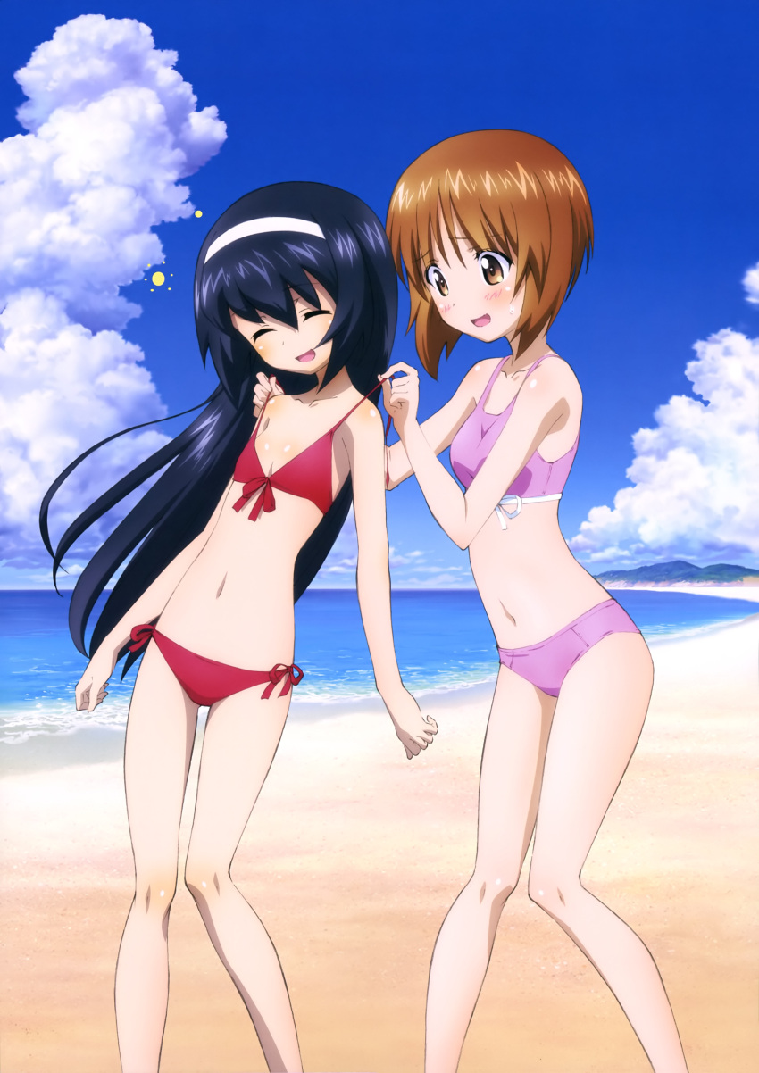 2girls :d ^_^ absurdres beach bikini black_hair blush body_blush breasts brown_hair closed_eyes clouds collarbone flat_chest front-tie_top girls_und_panzer head_tilt highres knees_together_feet_apart leaning_to_the_side long_hair looking_at_another multiple_girls navel nishizumi_miho ocean official_art open_mouth pink_bikini pink_swimsuit red_bikini reizei_mako scan sky small_breasts smile sports_bikini standing strap_pull sugimoto_isao sweatdrop swimsuit very_long_hair water yoshida_nobuyoshi