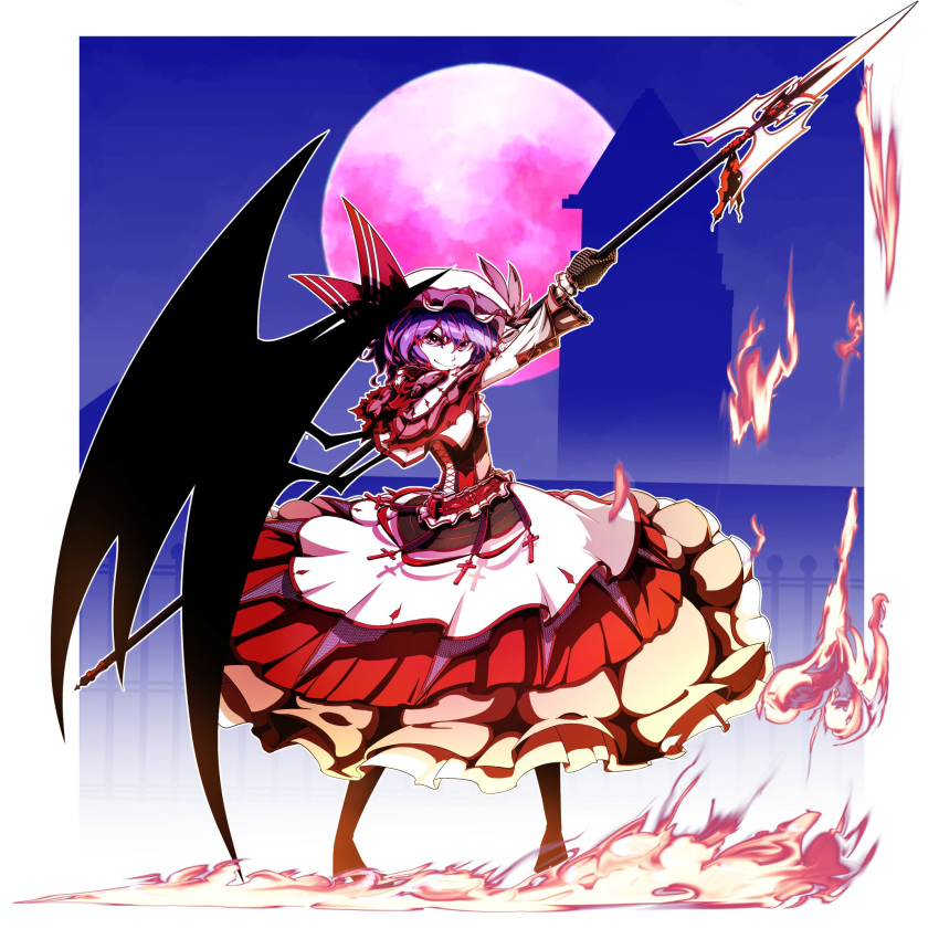 1girl alternate_costume black_gloves breasts corset cross dress fence fire flame frilled_dress frills from_behind full_body full_moon gloves hat hat_ribbon highres holding holding_weapon kikoka_(mizuumi) large_wings layered_dress long_sleeves looking_at_viewer looking_back mob_cap moon night night_sky purple_fire purple_hair red_dress red_moon remilia_scarlet ribbon scarlet_devil_mansion shiny shiny_hair short_hair silhouette sky small_breasts smile solo spear_the_gungnir striped striped_gloves touhou violet_eyes weapon white_dress