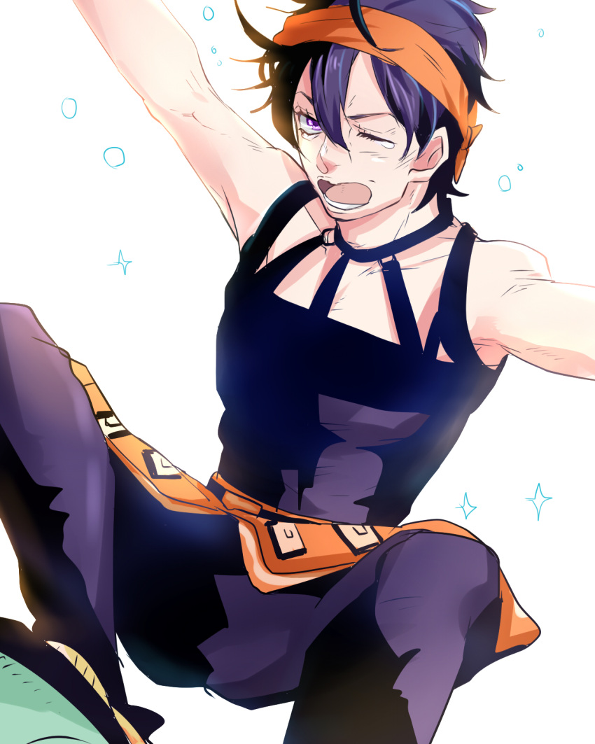 1boy black_hair gerotake headband highres jojo_no_kimyou_na_bouken narancia_ghirga solo violet_eyes