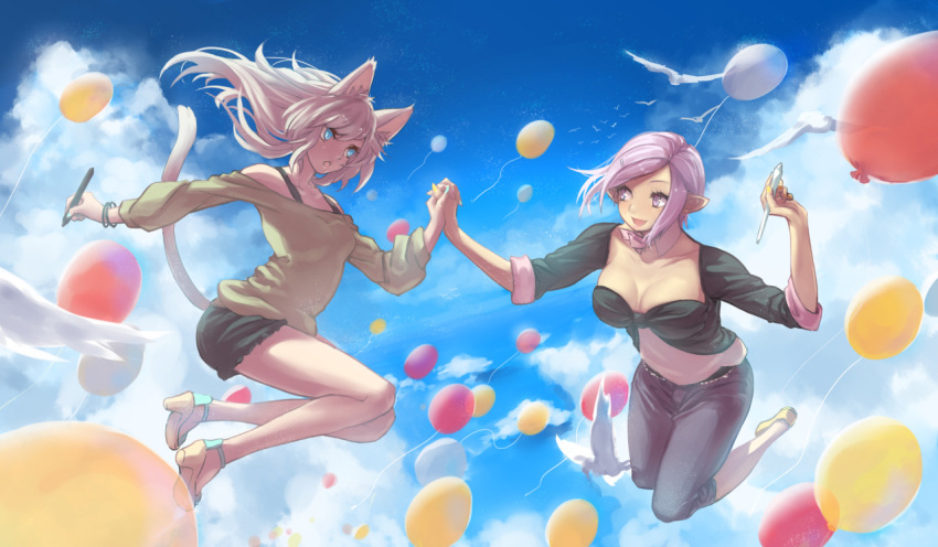 2girls :d animal_ears balloon bird blue_eyes breasts capri_pants cat_tail cleavage clouds detached_collar elezen elf final_fantasy final_fantasy_xiv hair_ornament hairclip hand_holding lavender_eyes lavender_hair long_hair looking_at_another miqo'te multiple_girls open_mouth pants pointy_ears potion_lilac(popopotionu) short_hair shorts sky sleeves_rolled_up smile stylus tail white_hair