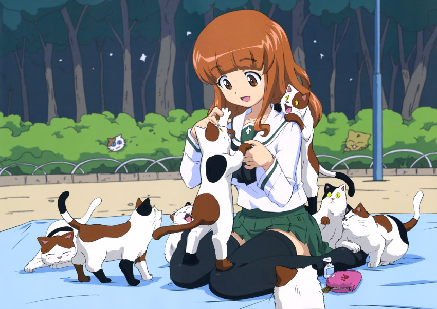 1girl :3 :d ^_^ absurdres animal animal_on_shoulder bag black_legwear blue_eyes blurry blush brown_eyes brown_hair bush cat closed_eyes day depth_of_field eyebrows eyebrows_visible_through_hair fangs feet full_body girls_und_panzer green_skirt handbag highres long_hair looking_at_another no_shoes official_art open_mouth outdoors paw_print pleated_skirt school_uniform serafuku shirt sitting skirt slit_pupils smile sparkle standing sugimoto_isao takebe_saori thigh-highs too_many too_many_cats tree wariza white_shirt yellow_sclera