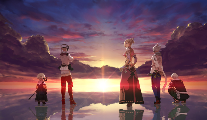 animal_ears arms_behind_back blonde_hair boots braid cat_ears cat_tail character_request clouds final_fantasy final_fantasy_xiv long_hair long_skirt looking_at_viewer looking_away looking_back minfilia papalymo potion_lilac(popopotionu) reflection short_hair shorts skirt sky squatting staff sunset tail thancred thigh-highs thigh_boots water white_hair y'shtola yda_(ff14)