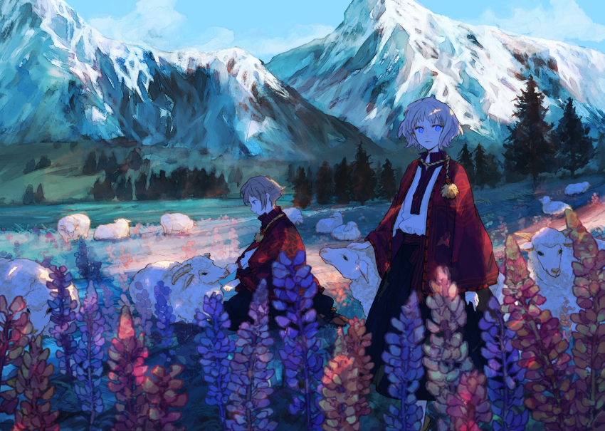 2girls androgynous animal blue_eyes commentary_request flower from_side grass highres kneeling mountain multiple_girls nature original outdoors petting profile scenery sheep sky standing sumi_(pixiv619693) tree