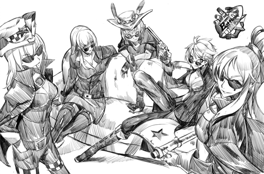5girls anchor axe belt belt_buckle boots breasts buckle buttons california_(zhan_jian_shao_nyu) cannon chest_belt cleavage couch cowboy_hat crossed_arms crosshatching english fingerless_gloves formal from_above garter_straps glasses gloves greyscale gun hair_ornament hairclip handgun hands_in_pockets hat hikari123456 holding holding_weapon jacket jacket_on_shoulders knee_boots leaning_back leaning_forward leg_up long_hair looking_at_viewer looking_up monochrome multiple_girls nevada_(zhan_jian_shao_nyu) oklahoma_(zhan_jian_shao_nyu) oklahoma_(zhen_jian_shao_nyu) open_clothes open_jacket pants ponytail revolver shell sheriff_badge short_hair sitting smile star suit sunglasses tennessee_(zhan_jian_shao_nyu) text thigh-highs toothpick turret washington_(zhan_jian_shao_nyu) weapon zhan_jian_shao_nyu