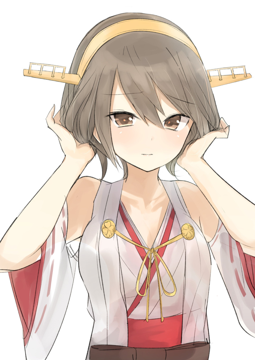 absurdres alternate_hair_length alternate_hairstyle bare_shoulders brown_eyes brown_hair commentary_request cowboy_shot eyebrows eyebrows_visible_through_hair hair_between_eyes hair_ribbon hand_in_hair haruna_(kantai_collection) highres japanese_clothes kantai_collection natsu_(sinker8c) nontraditional_miko ribbon short_hair simple_background tress_ribbon upper_body white_background