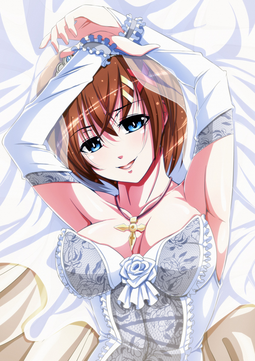 1girl blue_eyes breasts bridal_veil brown_hair cleavage detached_sleeves dress hair_ornament hairclip highres jewelry large_breasts looking_at_viewer lyrical_nanoha mahou_shoujo_lyrical_nanoha_strikers necklace schwertkreuz short_hair smile solo strapless strapless_dress tappa_(esperanza) veil wedding_dress white_dress x_hair_ornament yagami_hayate