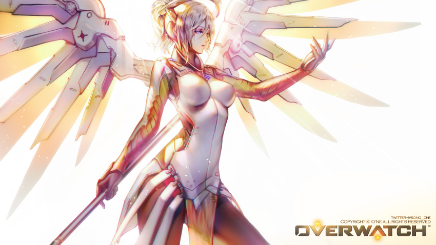 'o'ne 1girl backlighting blonde_hair blue_eyes bodysuit breasts copyright_name cowboy_shot high_ponytail highres holding holding_staff large_breasts long_hair mechanical_halo mechanical_wings mercy_(overwatch) outstretched_hand overwatch pantyhose ponytail simple_background solo spread_wings staff wallpaper white_background wings