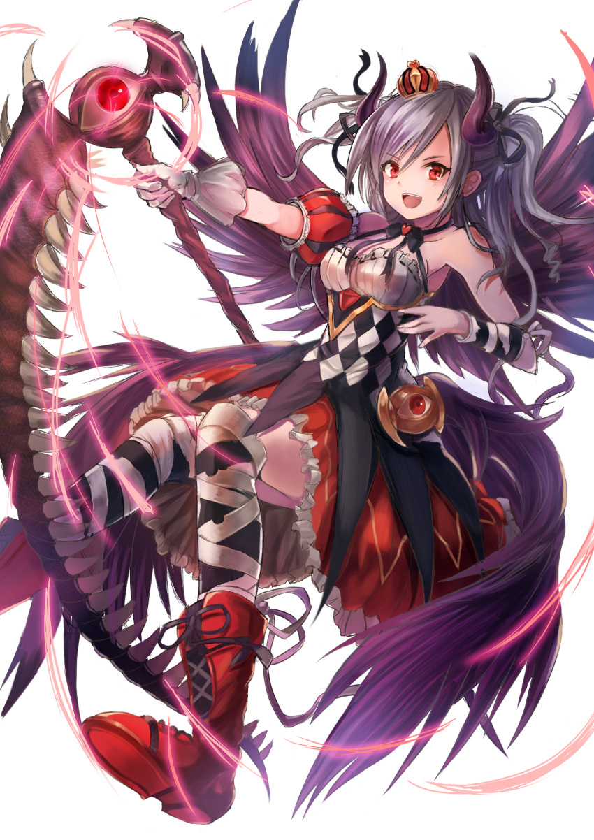 1girl :d absurdres black_ribbon black_wings blush boots breasts collarbone crown detached_sleeves eyeball gloves granblue_fantasy grey_hair hair_between_eyes hair_ribbon hamidashi-kun highres holding_staff horns idolmaster idolmaster_cinderella_girls kanzaki_ranko mini_crown multiple_wings open_mouth outstretched_arm red_boots red_eyes red_skirt ribbon ribbon-trimmed_clothes ribbon_trim sharp_teeth short_sleeves simple_background skirt smile solo teeth twintails white_background white_gloves wings