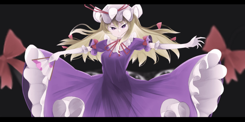 1girl black_background blonde_hair blurry choker dress elbow_gloves fan gloves hair_ribbon hat hat_ribbon highres letterboxed long_hair looking_at_viewer mob_cap o_(crazyoton46) outstretched_arms puffy_sleeves purple_dress ribbon ribbon_choker short_sleeves simple_background solo touhou tress_ribbon upskirt violet_eyes white_gloves yakumo_yukari