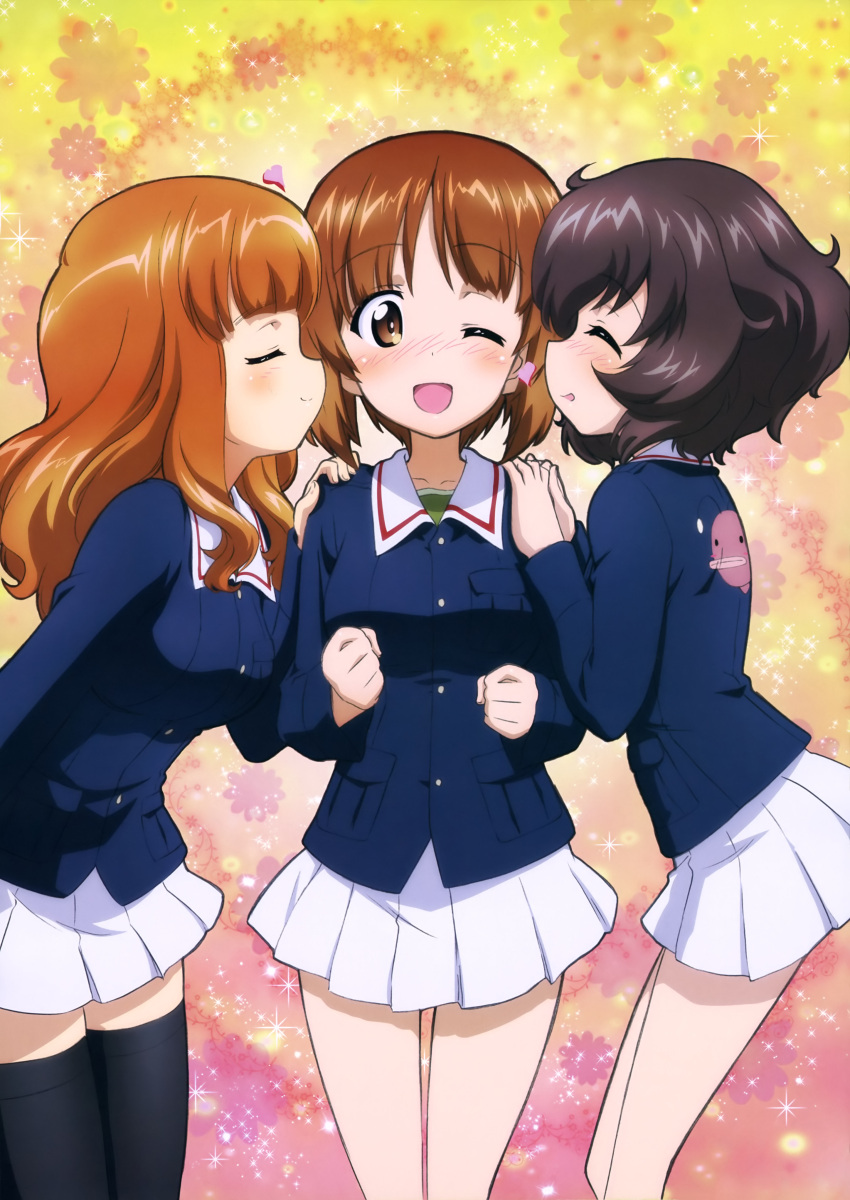 3girls ;d ^_^ absurdres akiyama_yukari anglerfish black_legwear blush breasts brown_eyes brown_hair clenched_hands closed_eyes closed_mouth collarbone floral_background from_side girl_sandwich girls_und_panzer hand_on_another's_shoulder hands_on_another's_shoulders heart highres jacket long_sleeves looking_at_viewer multicolored_background multiple_girls nishizumi_miho nose_blush official_art one_eye_closed open_mouth pleated_skirt profile sandwiched school_uniform serafuku short_hair sideways_mouth skirt smile sparkle sugimoto_isao takebe_saori thigh-highs white_skirt yuri